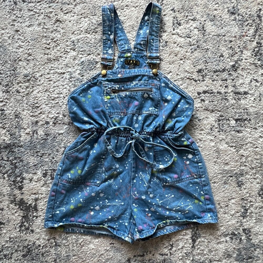 VTG 90s Taxi Womens Denim Shortalls Paint Splatter Romper Overall Shorts Medium